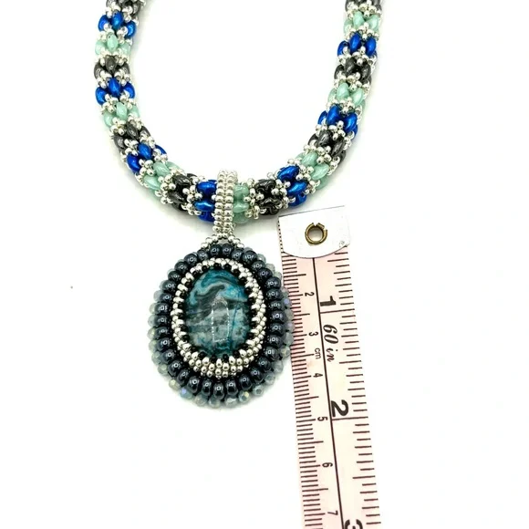 Hand Crafted Rope Style and Beaded Blue Agate Pendant Necklace - Picture 10 of 11